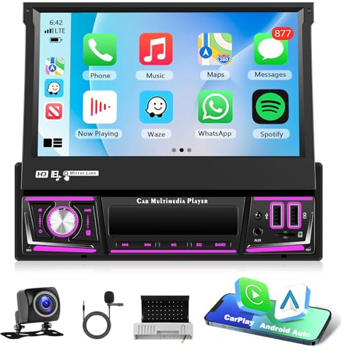 Motorsi Wireless CarPlay 1 Din Autoradio Schermo a Scomparsa, 7” 2GB RAM + 64GB Storage Android Auto Stereo Bluetooth con Schermo, GPS Navigazione WiFi SWC FM RDS USB Chargge+Telecamera Posteriore