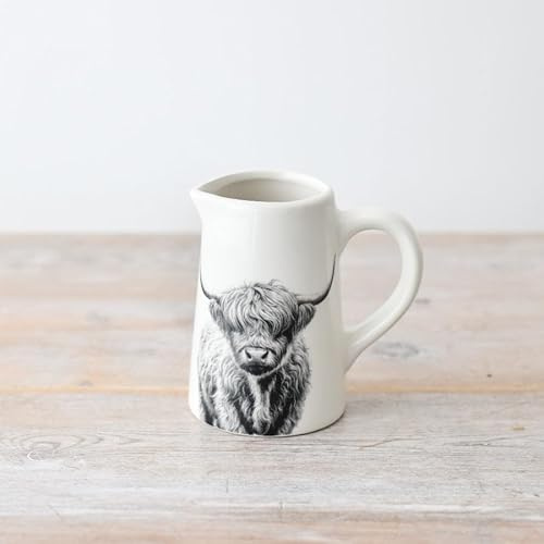 Small Highland Cow Jug 11cm – Rustic Ceramic Highland Cow Design – Farmhouse Kitchen Décor – Miniature Decorative Creamer Pitcher for Tea, Coffee, or Dining Table