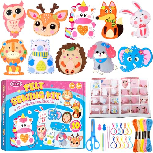 Funtopia Sewing Kit for Kids, 10 Easy DIY Projects of Stuffed Animal with Guiding Book, Beginners Sewing Toys and Birthday Gift for Girls Boys, Felt Arts and Crafts for Kids Ages 5-8 8-12