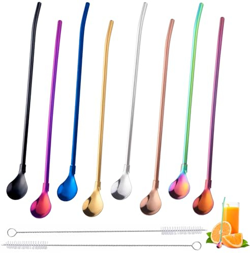 8 Pièces Paille Granité 2 en 1 Cuillère Paille Acier Inoxydable Reutilisable Paille a Granita Avec 2 Brosses de Nettoyage Pour Latte Macchiato Cocktail Juice Smoothies