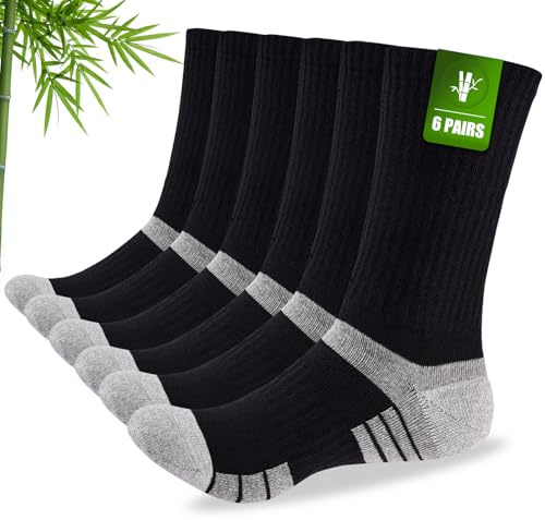 Stoeury Mens Bamboo Socks, Wicking Breathable Cushioned Sports Socks for Hiking Walking Athletics Working Running Trekking Cycling, Men Women, Outdoor Anti Blister Crew Seamless Sock Gifts 6 Pairs