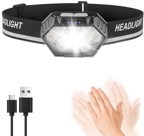 MOXTOYU LED Stirnlampe Wiederaufladbar, 9 LED 1500mAh 45° Neigbar Kopflampe, 4 Lichtmodi mit Bewegungssensor, Rotlicht, IPX4 Wasserdichte Kopflampe für Nachtlaufen, Wandern, Camping, Angeln