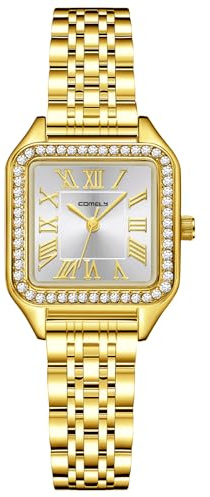 CIVO Snygga klockor för kvinnor liten rektangulär damklocka med rostfritt stålrem – vintage armbandsur analog kvarts för kvinnor gåvor, Guld Silver 1019, Standard
