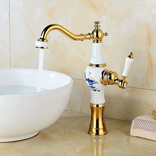 KWMAEEUID Taps,Faucets,Faucet European Style Gold Basin Taps Retro Bathroom Cold Heat WaterTap Rotate Jade Faucets Art Creative Faucets