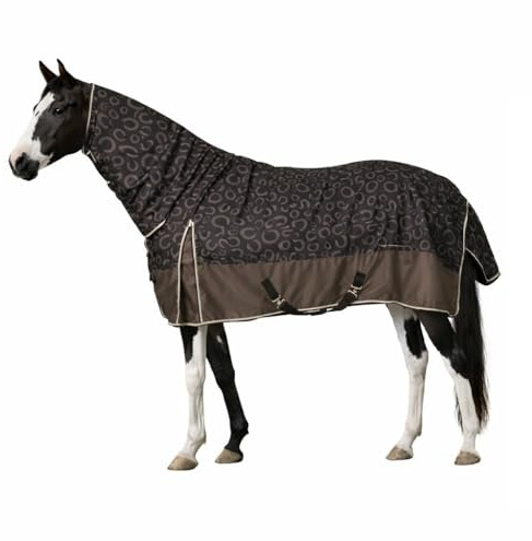 netproshop Leichte wasserdichte Regendecke mit Halsteil 0g atmungsaktiv mit Hufeisen-Print Größe 125-165 cm, Groesse:145, Farbe:Braun