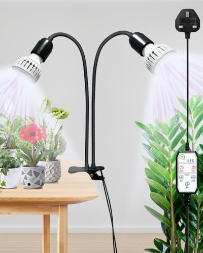 Grow Lights for Indoor Plants, 2-Head Full Spectrum LED Grow Light, 24W Plant Light Indoors with Clip, 360° Adjustable Gooseneck, 4/8/12 Hrs Timer, Replaceable E27 LED Bulb for Seedlings & Succulents