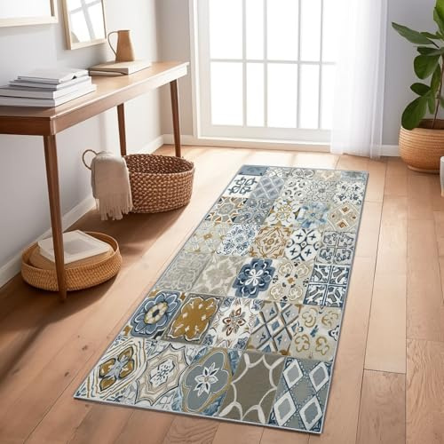 Stile Mediterraneo Piastrelle Cortile Tappeto Corridoio 80X200 Cm – Lavabile E Antiscivolo, Tappeto Lungo E Stretto Per Corridoio, Cucina O Entrata, Morbido, Facile Da Pulire Beige