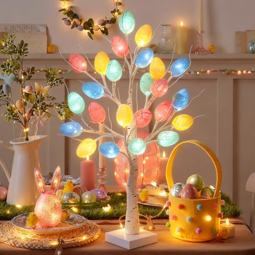 Easter Egg Decoration Tree 60cm with 24 LED Lights & 24 Pastel Ornaments, Lighted Birch Twig Lamp for Tabletop Decor, Battery or USB Powered Spring Holiday Decoration for Home Office
