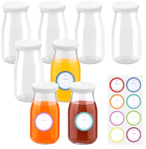 Shot Bottiglie da riempire, 8 pezzi, in vetro trasparente per succo, 150 ml, piccole bottiglie di vetro da riempire con etichette, riutilizzabili, mini flaconcini di vetro per succhi di frutta