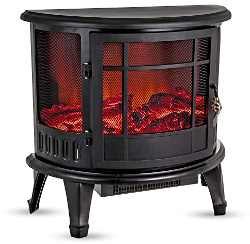FiNeWaY Electric Stove Heater with Log Burner Flame Effect Fire – 1800W, Black – Freestanding Fireplace with Wood Burning LED Light – Adjustable Temperature & Flame Panoramic Design With Large Window