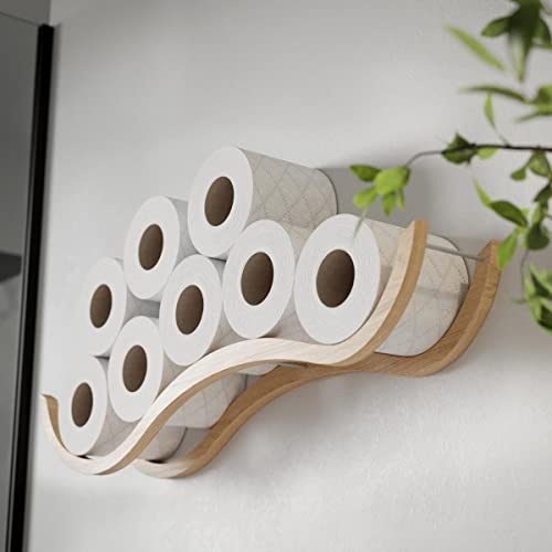 Holz Toilettenpapierhalter Wand toilettenpapier aufbewahrung Wand Toilettenpapier Rollenhalter aus Holz toilettenpapieraufbewahrung Welle (Farblos) | Wellenformig, Eschenholz, mehrere Klopapierrollen, verdeckte Befestigung, platzsparend, auch als Handtuchhalter, 60x12x10 cm