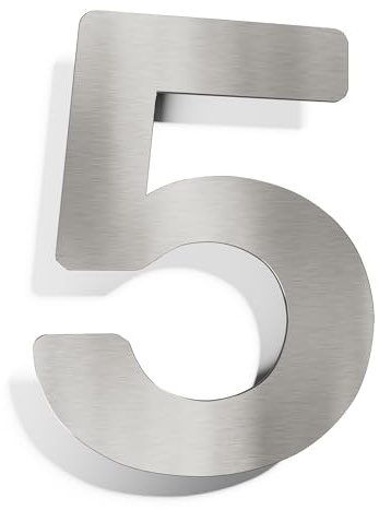 Rostfritt stål husnummer 5 – massiv, väderbeständig och rostfri – 14 cm stor – med fästmaterial – design husnummerskylt borstad N-01-5-E