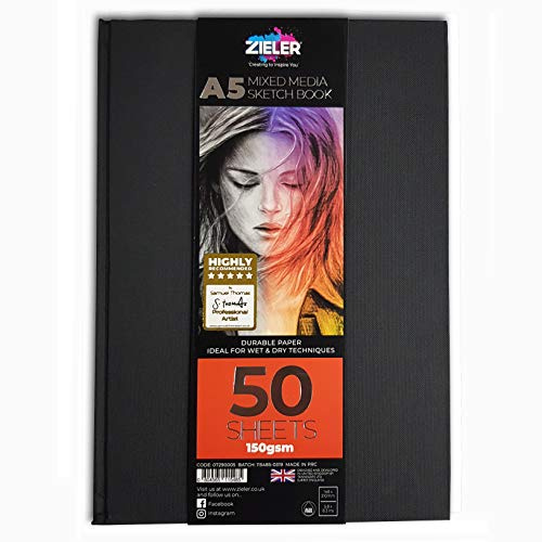 Hardback Casebound Mixed Media Sketch Book – 150gsm 50 Sheets - by Zieler™. Ideal for use with Pencils, Charcoal, Graphite, Pastels & Light Watercolour. Acid Free Sheets - Portrait (A5)