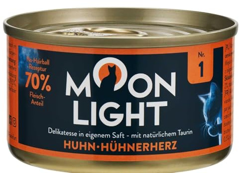 Moonlight Premium våtfoder för katter | kornfritt recept | Delikatess i egen juice | mycket köttinnehåll | (nr 1 kyckling och kycklinghjärta – 80 g)