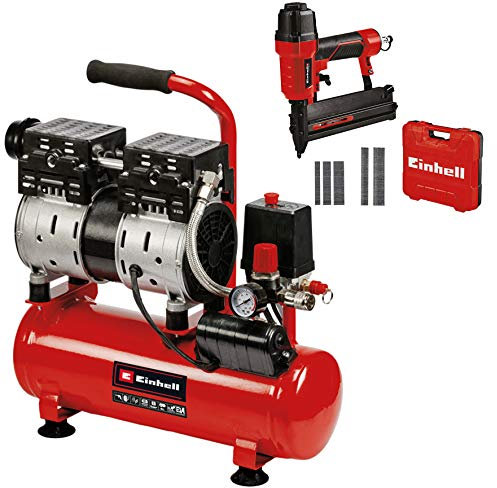 Einhell TE-AC 6 Silent Kompressor (550 W, max. 8 bar, 110 L/min Ansaugleistung, öl- und servicefreier Motor, 6 l-Tank, Manometer, inkl. Druckluft-Tacker TC-PN 50, Rot)