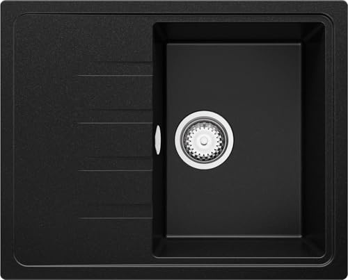 PRIMAGRAN Spülbecken Schwarz 62x50cm, Granitspüle 1 Becken + Ablauf-Set, Küchenspüle ab 40er Unterschrank - Mailand S049