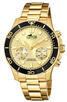 Lotus Uhr Smart Herren Hybrid Connected aus Edelstahl 316l | Goldfarben, Analog, Wasserdicht 10 ATM 18802/1, Musiksteuerung, Schrittzähler, Anrufbenachrichtigung und -ablehnung