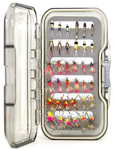 Outdoor Planet 36 Produzenten Trockenfliegen- und Nymphenfliegen-Sortiment | wasserdichte Fliegenbox | Caddis, Mayflies, Steinfliegen zum Forellenangeln