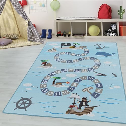 Kinderteppiche für Kinder Lernen Matte Zahlen mit Piratenteppich Spielteppich Waschbar Jungen & Mädchen Teppich für Kinderzimmer Babyzimmer Spielzimmer Teppich Farbe: Blau, Grösse: 100 x 150 cm