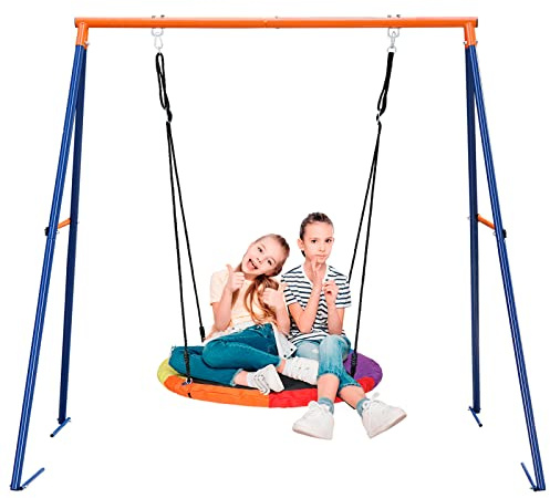 SUPER DEAL Outdoor Kids Swing Set, 40 Multi-Color Rainbow Saucer Swing and 72 All Weather A Frame Swing Stand Combo for Indoor, Outdoor, Backyard
