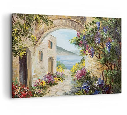 Wandbilder Dekoration Wohnzimmer Haus Santorini Blumen Bilder auf Leinwand 120x80cm Leinwandbild Schlafzimmer Küche Deko Wand Kunstdruck Art Groß XXL Wanddeko Bild Wall Decor Canvas AA120x80-4191