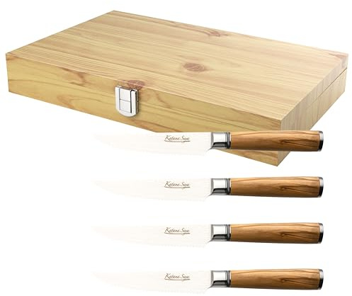 Katana Saya Olive Wood 4-teiliges Steakmesserset, 4x 9 cm gezackte Steakmesser, Japanischer 67-lagiger VG-10-Damast-Edelstahl, leicht Olivenholzgriff, Küchenmesser