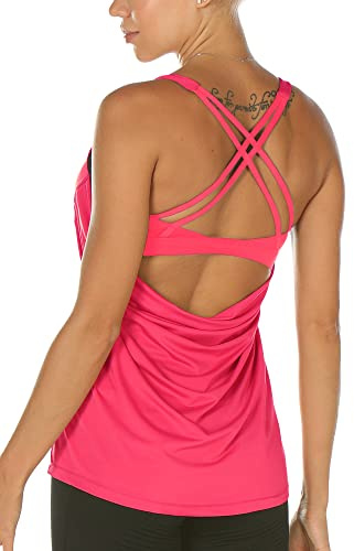 icyzone Damen Sport Top mit BH - 2 in 1 Fitness Yoga Shirt Cross Back Gym Training Tank Top (M, Neon Pink)