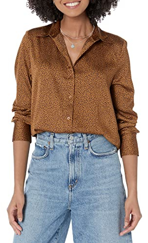 Amazon Essentials Women's Regular-Fit Satin Button Down Shirt (Available in Plus Size), Dark Chestnut Brown Leopard, M