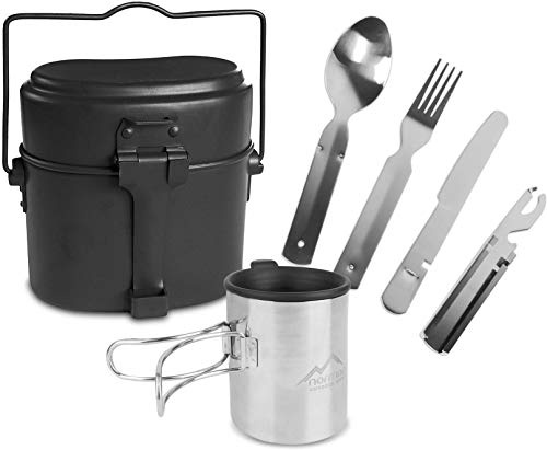 Outdoor Geschirr-Set bestehend aus Bundeswehr Kochgeschirr, 5-teiligem Besteck und Tasse mit klappbarem Henkel und Deckel - rostfrei und hitzebeständig