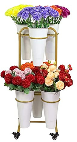 Heavy Duty Flower Display Stand with 6PCS Buckets, Metal Plant Stand with Wheels, Moving Rolling Plant Cart Shelf, for Indoor, Outdoor Patio Garden, Living Room, Florist (Farbe : Weiß)