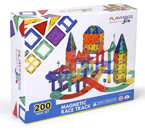 Playmags 200 delar set med magnetiska plattor, racerbana, innehåller 2 motoriska racerbilar, för barn från 3 år