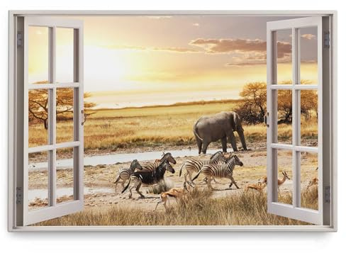 Paul Sinus Wandbild 120x80cm Fensterbild Afrika Safari Tiere Natur Elefant Zebras