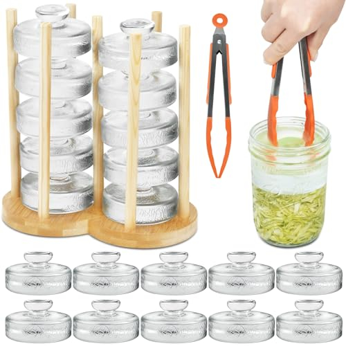 Artcome 10-Pack Glass Fermentation Weights with Easy Grip Handle and Unique Texture Design for Large Wide Mouth Mason Jars - Pickle Pebbles with Glass Weights Organizer - Space Saving Compact Design