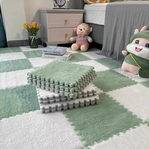Haklein 10Pcs 30x30x1cm Plush Foam Puzzle Area Rug, Soft Interlocking Carpet Mats for Bedroom Livingroom Playroom Gym Yoga,Cuttable Floor Mat (Green and White)
