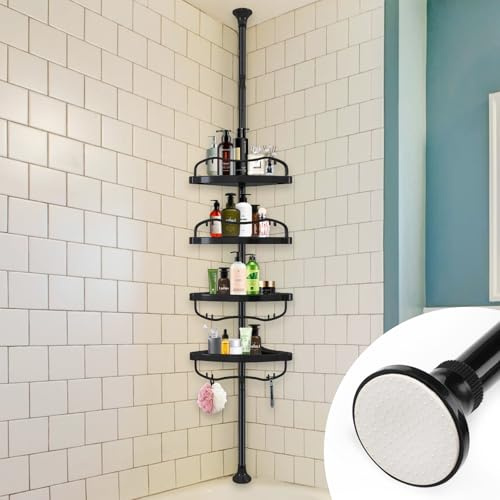 DIOVPLX Modern Minimalist Black Corner Shower Caddy Tension Pole, Rustproof Bathtub Storage Organizer with 4 Adjustable Shelves, Holds 8 Bottles, 40-120 Floor to Ceiling Shower Caddy
