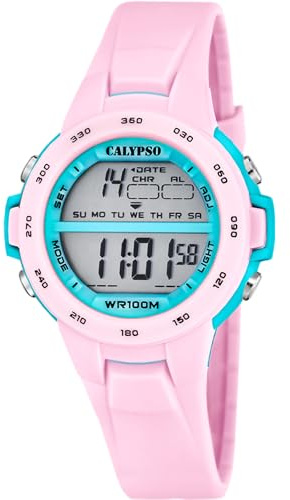 CALYPSO Reloj Digital Infantil Niño Niña de Caucho Rosa - Resistente al Agua 10 ATM Fecha y Calendario, Cronógrafo, Doble Horario, Luz, Alarma, 12 y 24 Horas K5850/1 - Junior Collection