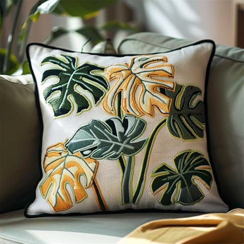 DIY knüpfen set anfänger Monstera-Blätter knüpfkissen mit vordruck Grüne Pflanzen DIY Knüpfkissen，Überwurfkissen，Matte，Stickerei-Bastelsets für Anfänger mit aufgedrucktem Muster，Heimde 43x43cm