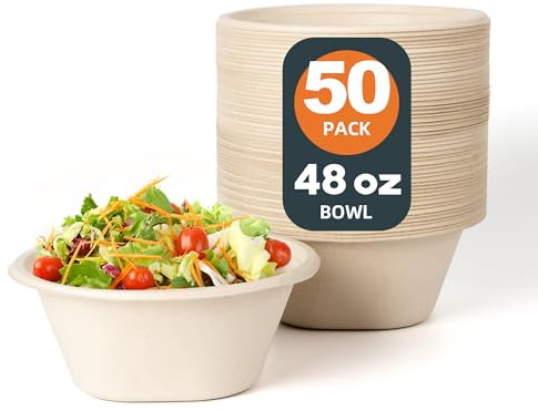 hooray mida Heavy Duty 48 OZ [50 Pack] Disposable Bowls - 100% Sugarcane Fiber, Microwave Safe - Large Compostable Paper Bowls for Soup, Salad, Ramen, Popcorn