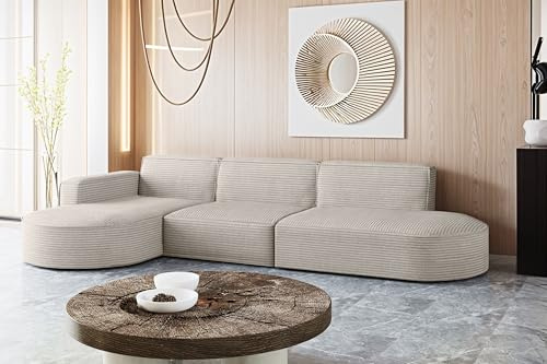 Kaiser Möbel - Ecksofa mit Wohnlandschaft, Eckcouch L Form, Sofa 3-sitzer, Polstersofa, Bigsofa, Bequemes Couch mit Ottomane für Wohnzimmer, Relaxsofa, Stilvolles Cord Sofa, Modena L, Beige, Links