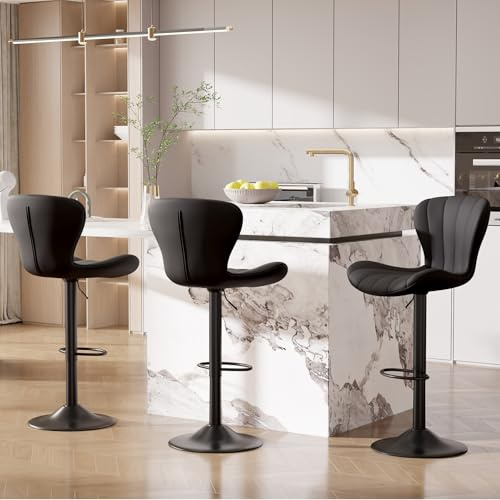 Hawthyhome Barhocker 3er Set Höhenverstellbar Barstühle 360° Drehstuhl mit Rückenlehne Küchenstühle mit Fußstütze PU-Leder für die Küche/Wohnzimmer/Bar/Esszimmer Schwarz