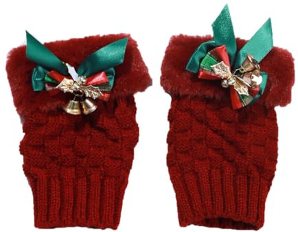 SMTCM Weihnachten Mütze Handschuhe Set Weinrot Fingerlose Handschuhe mit Kunstpelz Halbfinger Strickhandschuhe mit Kunstpelz Christmas Glocken Schleife Winter Fingerlose Armstulpe Kurzer Fäustlinge