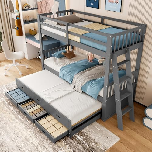 Azkoeesy Etagenbett für 3 Personen, 90 x 200 + 90 x 190 cm, mit ausziehbarem Bett und 3 Schubladen, geneigtem Leiter, Lattenrost und Fallschutz, für Kinder und Jugendliche, Kiefernholz, Grau