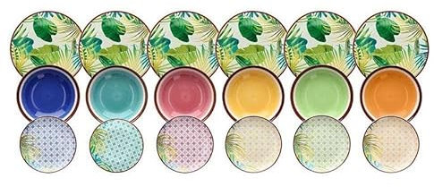 Wintem Servizio 18 Piatti in Porcellana per 6 Persone Fantasia Giungla Multicolore - Set di Piatti Composto da Piatti Piani, Fondi e da Dessert - Resistenti ed Eleganti Adatti ad Ogni Occasione