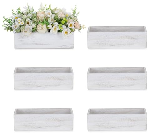 NUPTIO Flower Box Rectangle Centerpieces: 6 Pcs 11.8 Long Wood Vase Boxes Small Rustic Washed White Centerpiece Box for Wedding Tables Fall Decor