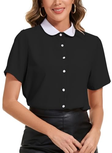 YOUNIFIZ Women's Peter Pan Collar Blouse 2026 Vintage Office Work Short Sleeve Button Down Shirt Blouse Black