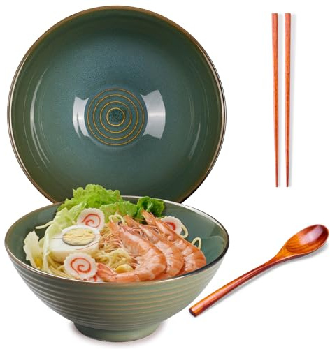 Ceraozmus Ramen Bol en céramique – 1200 ml – 20 cm – Avec cuillère et baguettes pour ramen soup pho udon noodles asiatiques, grands bols à nouilles (glaçage vert)