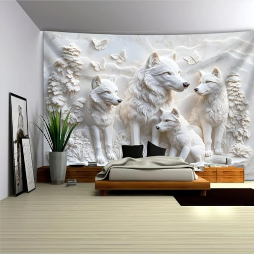 Arsey Wandteppich Wolf Motiv, Weißer Tier Wandteppiche mit Schmetterling, Natur Tapestry Wandtuch für Schlafzimmer, Wohnzimmer, Ästhetischer Spiritueller Wandbehang 230x180cm