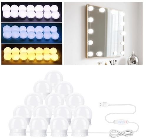 NVIYAM 14 LED lámpara de espejo con 3 colores, regulable, luz de tocador Hollywood, iluminación de tocador, luz de tocador para espejo, lámpara de tocador, adecuada para espejo de maquillaje