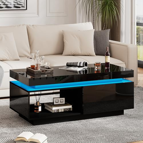 LINKHOO Table Basse Laquée avec 16 Lumières LED Couleurs et Télécommande, Table Basse Salon Noir Charge 50KG, 4 Modes Clignotants