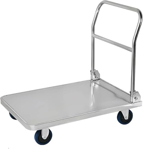 Heavy Duty Folding Flatbed Trolley, Stainless Steel Dolly Cart on Wheels, Portable Push Hand Truck with Thickened Platform for Luggage, Tools, and Appliance Transport